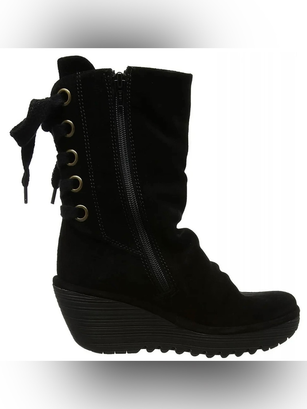 Fly London Yada Black Suede Lace Up Tie Back Zip Wedge Boots Size 38 Comfy Cool
